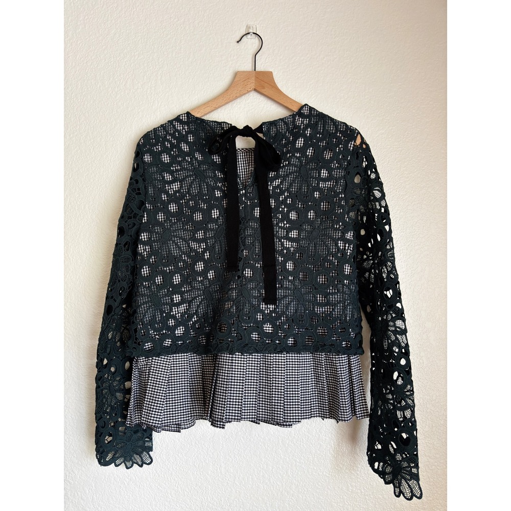 Maeve Anthropologie Green Lace Gingham Pleated Hem Top Velvet Tie Back Medium - Picture 2 of 7